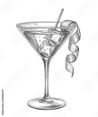 Detailed antique line art of chilled martini beverage in sophisticated stemware.