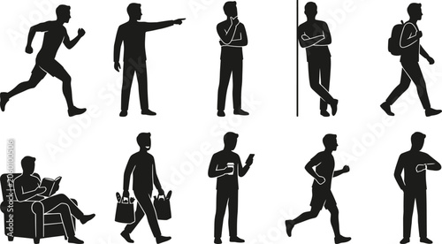 set of silhouettes of men in various poses and activities on white background
