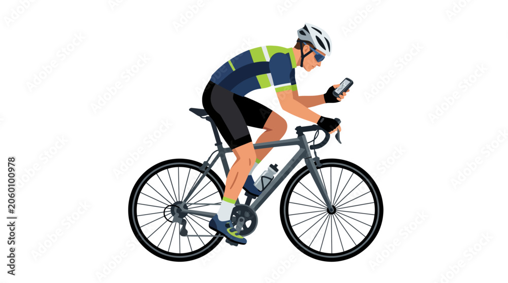 Naklejka premium Cyclist Using Smartphone For Navigation Or Tracking While Riding A Road Bike