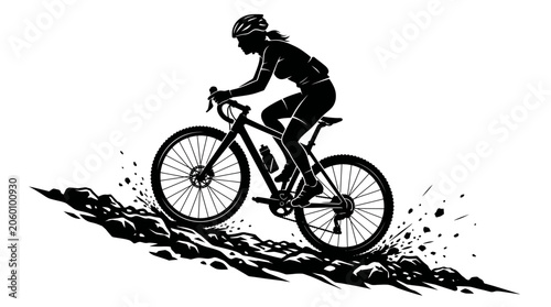 Silhouette of a Woman Cyclist Riding a Gravel Bike on a Rocky Trail Dynamic Action Illustration