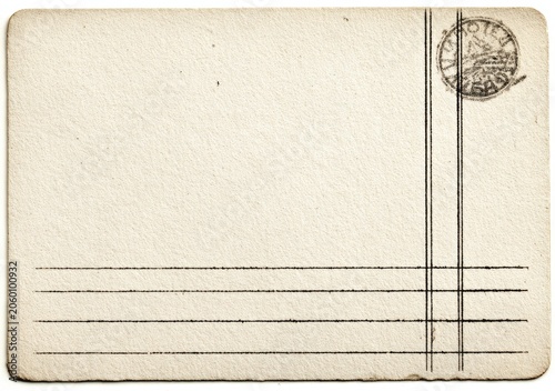 Vintage Postcard Back with Postal Stamp and Lines for Writing.