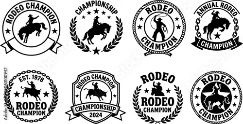Black and white rodeo champion logos and badges with cowboys and horses  various designs
