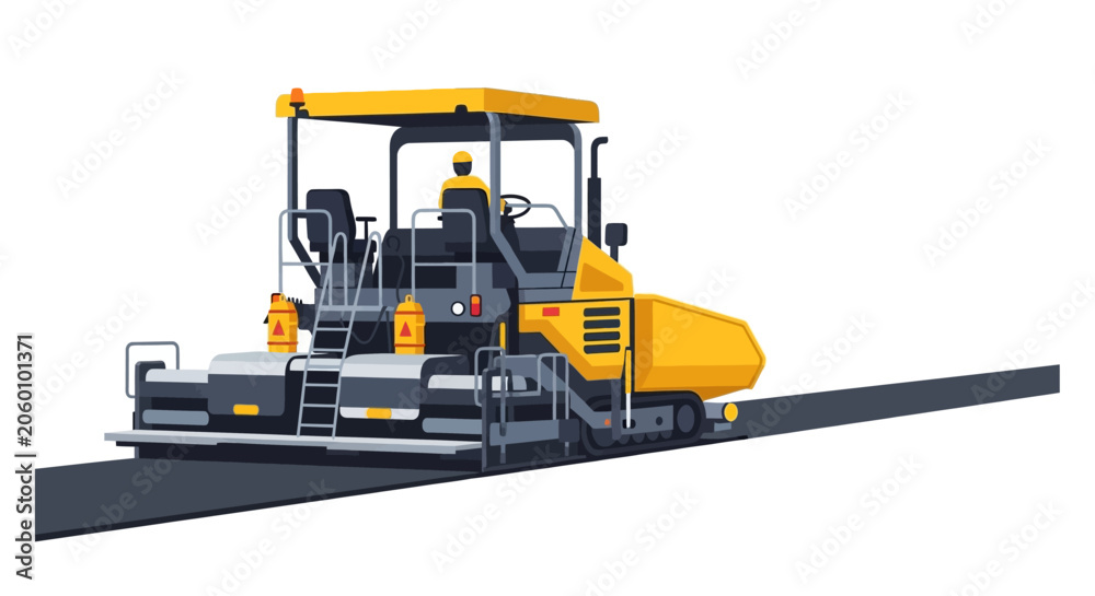 Obraz premium Yellow Asphalt Paver Machine for Road Construction and Highway Maintenance, Vector Illustration on White Background