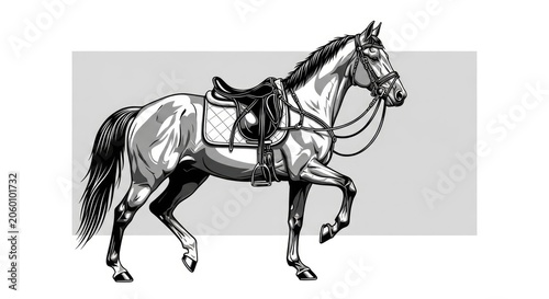 Realistic monochrome western saddle walking horse.