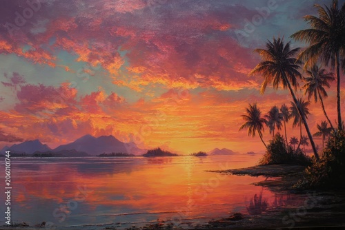 Fiery tropical sunset over a calm island shoreline with palm silhouettes