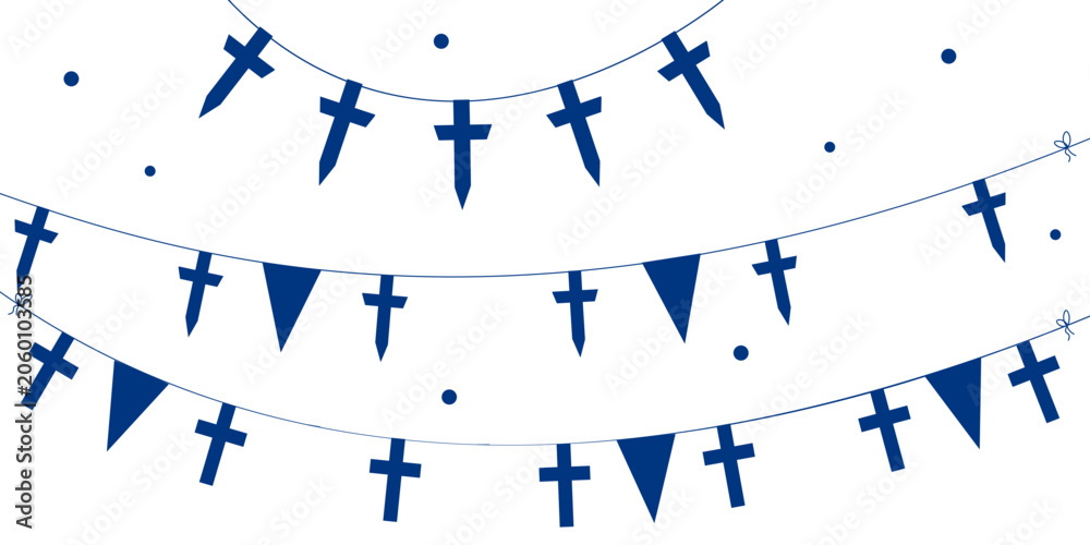 Fototapeta premium Flag bunting garland with Finnish flags, pennants and confetti decoration. Festive Finland celebration concept for holiday invitation, event banner and national tradition design