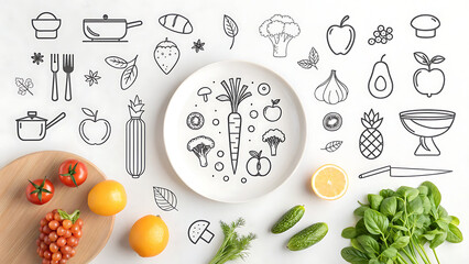 Minimalist line drawing of various food icons on plate and table