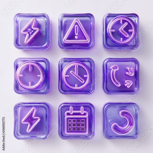 Set of Nine Purple Glass Icons with Neon Outline for Digital Applications.