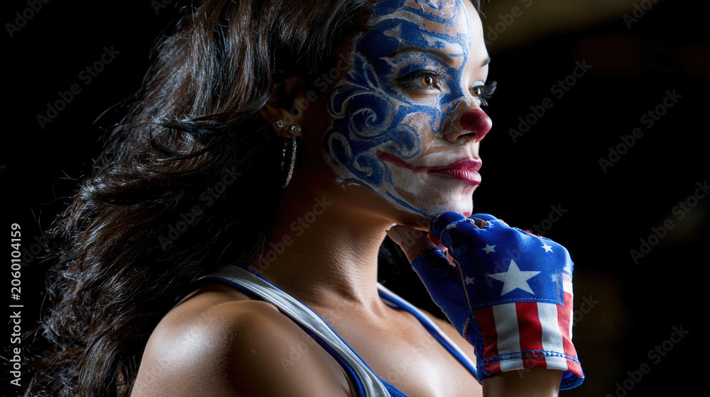 Naklejka premium Patriotic woman clown makeup american flag glove boxing glove face paint side view portrait dramatic lighting long hair strong woman female fighter dark background Patriotic woman clown makeup