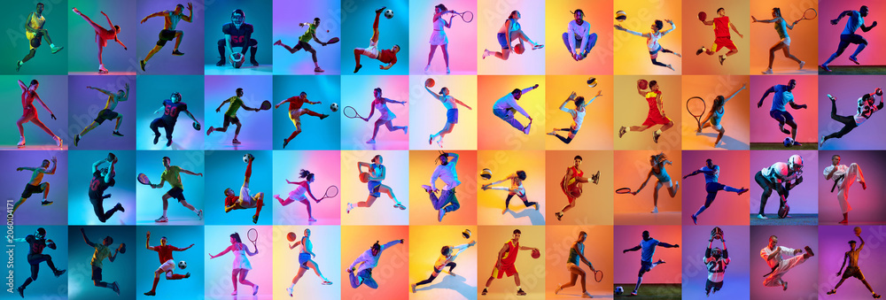 Naklejka premium Vibrant athlete collage with many sports and motion poses. Concept of active lifestyle, sport campaign, fitness branding, competition energy and poster layout.