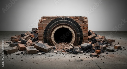 Old brick furnace or industrial kiln entrance with debris on concrete