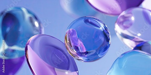 Abstract 3D render of translucent spheres in shades of blue and purple floating against a soft blue background.