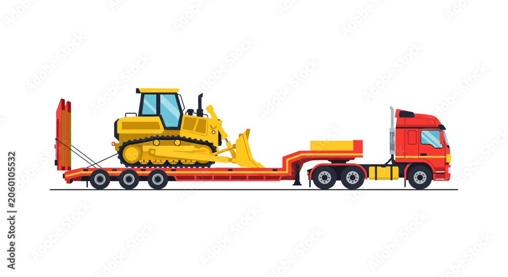 Obraz premium Heavy Haulage Truck Illustration: Red Semi-Truck Transporting Yellow Bulldozer on Low Loader Trailer Isolated on White