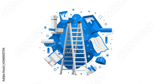 Home Renovation and Professional Painting Service Flat Illustration with Stepladder and Tools