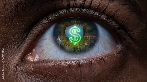 Human eye iris with glowing green dollar currency sign