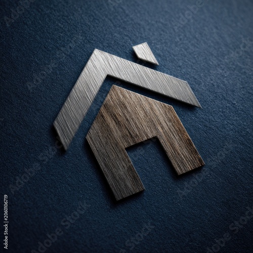 Abstract geometric logo design with metallic and wooden textures