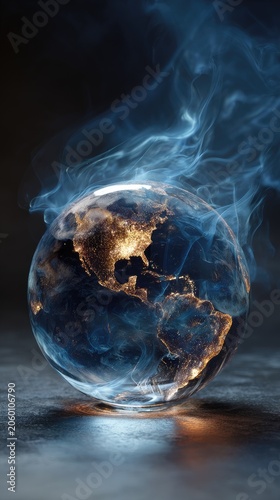 Abstract globe with smoky effect revealing continents on dark background