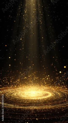 Abstract golden spiral with radiant light beams on dark background