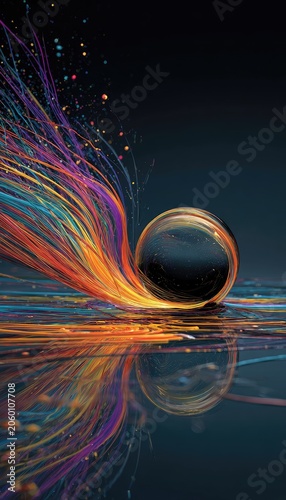 Abstract illustration of a glass sphere with colorful light trails and reflections