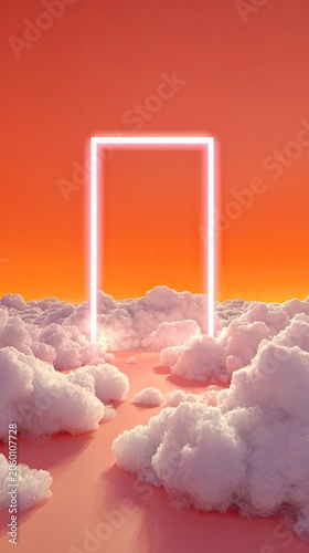 Abstract illustration of a glowing portal in a dreamy cloudscape with an orange sky