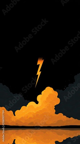 Abstract illustration of a lightning bolt above orange clouds and water