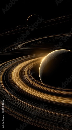 Abstract illustration of planets with glowing rings against a dark background