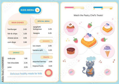 Kids menu placemat activity sheet template with find and match game. Children cafe restaurant menu layout with sweet treats matching puzzle, cute cat pastry chef character. Printable vector brochure 
