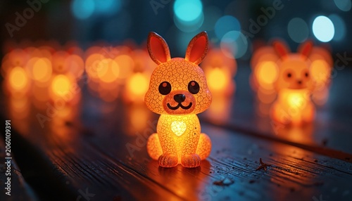 Glowing bunny figurine - decorative rabbit with warm light, bokeh background, festive decoration