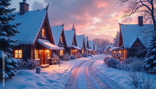 Winter village at sunset - snow-covered cottages, cozy lights, fairytale landscape, digital art