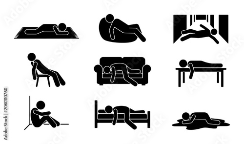 Foto Stick Figure Exhaustion Collection: 9 Icons Depicting Fatigue, Sleep, and Rest P