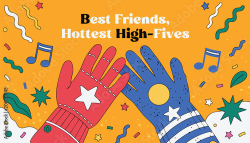 Two colorful patterned gloves giving a high five celebration gesture