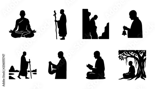 Schilderij op canvas Monk Silhouette Icons, Zen Meditation & Spiritual Journey Vector Set, Buddhist S