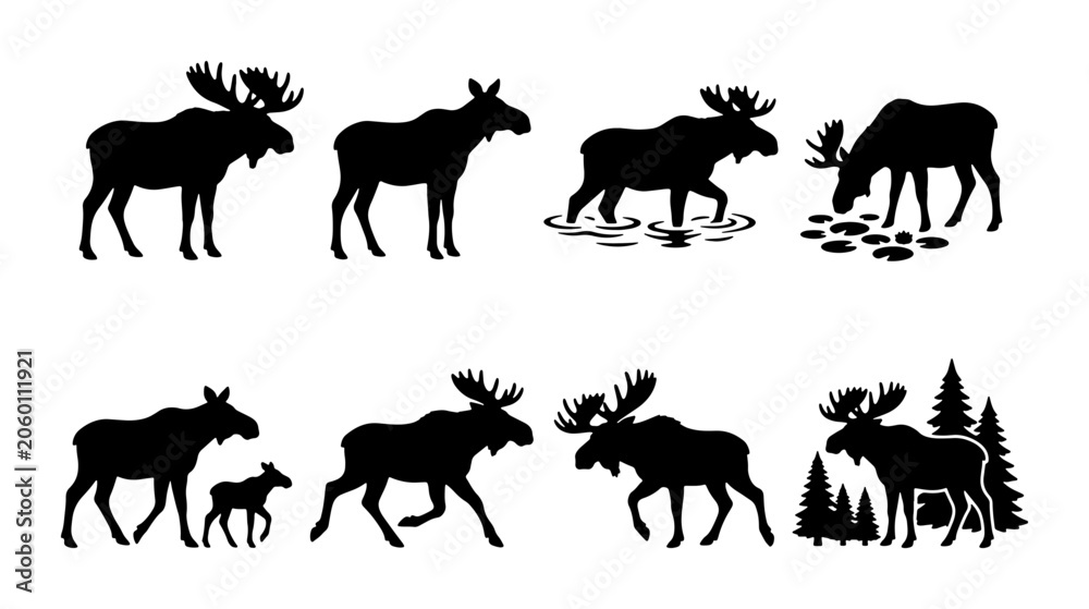 Fototapeta premium Moose Silhouette Vector Icons, Wildlife Animal Graphics, Forest Nature Elements, Black and White Mammal Illustrations