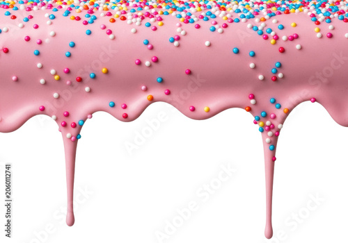 A macro shot of glossy pastel pink icing with colorful sprinkles dripping down a surface on a transparent background. Concept for confectionery advertising