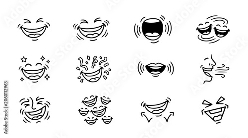 Schilderij op canvas Set of Hand-Drawn Laughing Faces and Mouths, Expressing Joy and Amusement