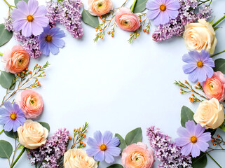 Elegant floral border with colorful flowers framing a white background, decorative design, romantic invitation, spring celebration, wedding stationery.