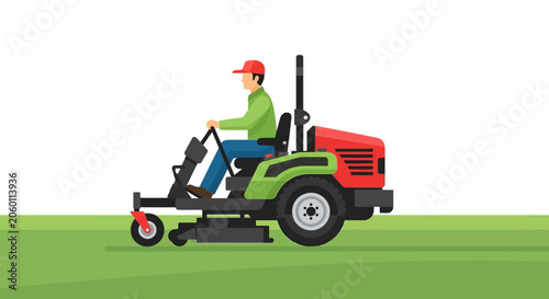 Professional Landscaper Operating a Zero-Turn Riding Lawn Mower Vector Illustration