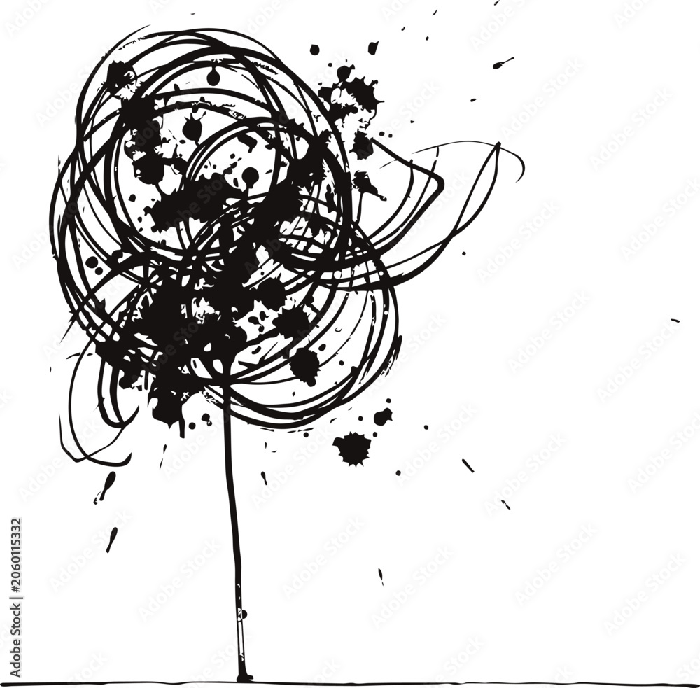 Obraz premium Messy scribble ball illustration with ink splatters and tangled lines on a transparent background