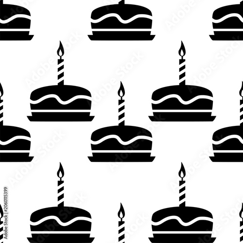 Seamless pattern with silhouettes of birthday cakes and candles.