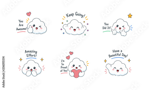 Cute Cloud Motivational Sticker Collection with Positive Encouragement Messages. Kawaii Cloud Character Set Featuring Supportive Quotes and Celebration Gestures
