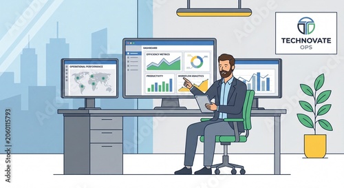 Business analyst analyzing global operational performance data on multiple computer screens in a modern office showcasing efficiency metrics and workflow analytics with charts