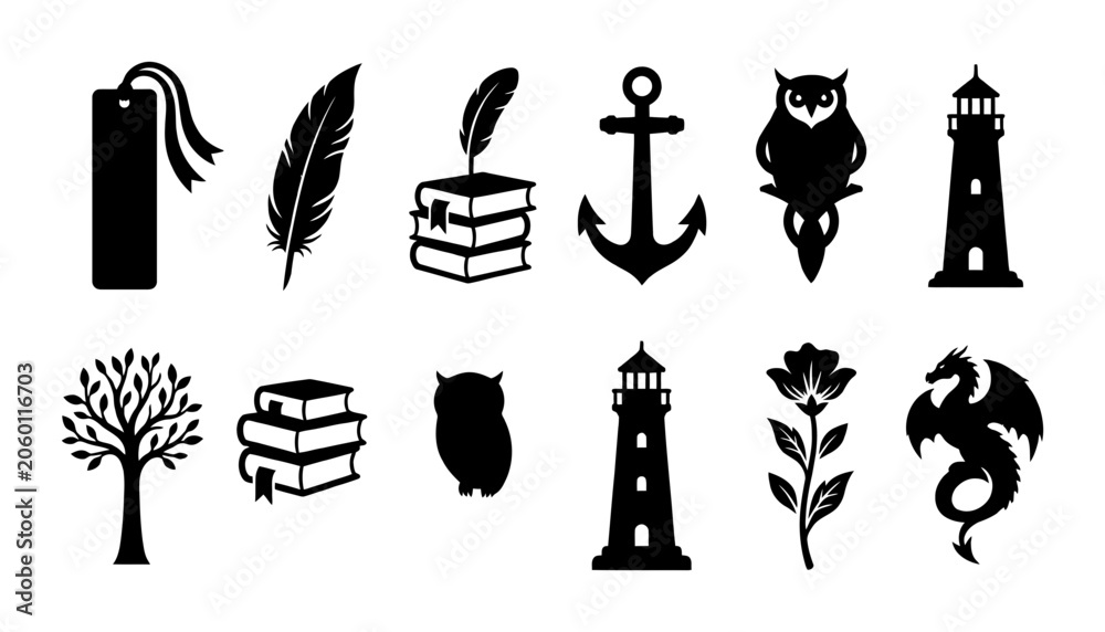 Naklejka premium Set of Fantasy and Literature Themed Icons Featuring Books Owls and Lighthouses