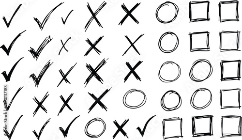 Fotografie A collection of hand-drawn check marks, crosses, circles, and squares for user interface elements