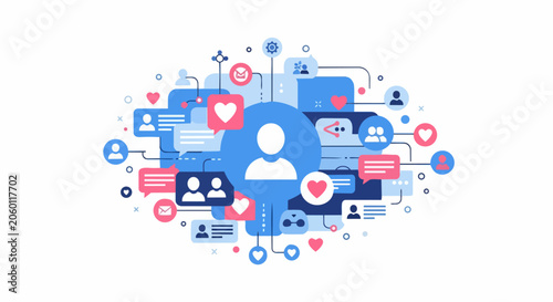 Modern Social Media Networking Illustration with People Icons, Chat Bubbles, and Engagement Symbols for Digital Marketing and Online Community Connectivity