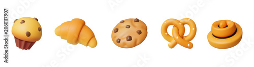 Set of 3D bakery goods featuring muffin, croissant, cookie, pretzel, and bun. Playful style in warm golden colors suitable for digital art and design projects.