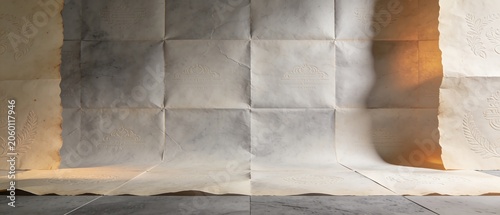 Empty studio background with crumpled paper backdrop and soft lighting for product display.