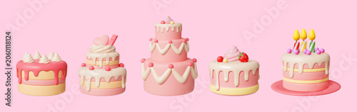 Quadro em tela Five cartoon cakes in pastel colors displayed on a pink background