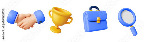 Vibrant 3D illustration of handshake, trophy, briefcase, and magnifying glass icons. Symbols of business and success in dynamic blue and yellow shades.