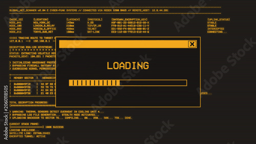 Realistic monochrome amber CRT monitor with horizontal scanlines. Yellow color window with process progress bar for loading and hacking. 80-s hacking UI program on computer with code and ASCII.