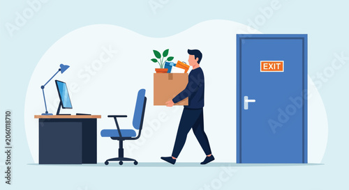 Resignation concept, sad businessman holding personal belongings box leaving office, employee quitting job, dismissal, vector illustration.